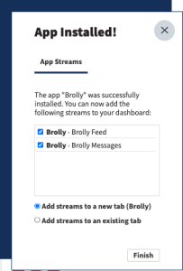 image of screen showing Brolly app installed with checkboxes checked for Feed and Messages